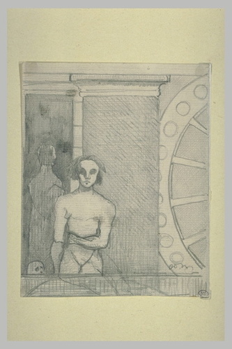 Odilon Redon - Homme nu, vu de face, devant un mur, et grande roue sur la droite