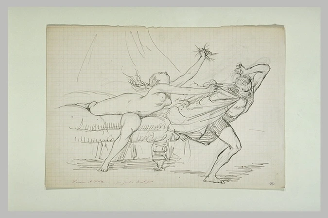 Gustave Boulanger - Femme nue sur un lit retenant un homme par sa cape