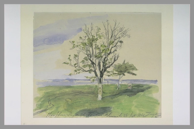 Johan Barthold Jongkind - A Honfleur, jardin avec deux arbres fruitiers, au bord...