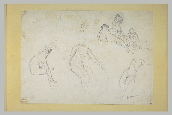 Auguste Andrieux - Feuille d'études : tois femmes assises et un groupe de figure...