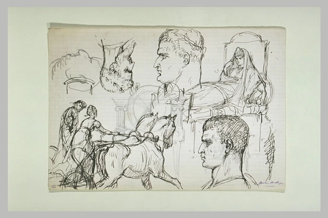 Gustave Boulanger - Etudes : personnages sur un char, femme drapée étendue sur u...