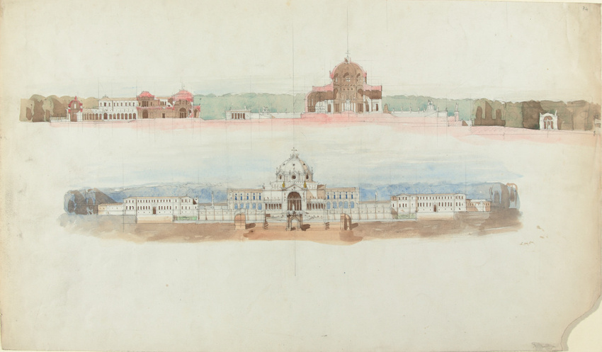 Louis Boitte - Ensemble architectural autour d'une église : coupe transversale e...