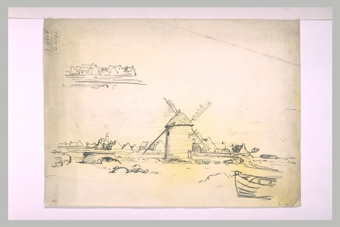 Charles Cottet - Vue d'un village avec un moulin et une barque au premier plan