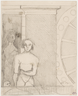 Odilon Redon - Homme nu, vu de face, devant un mur, et grande roue sur la droite
