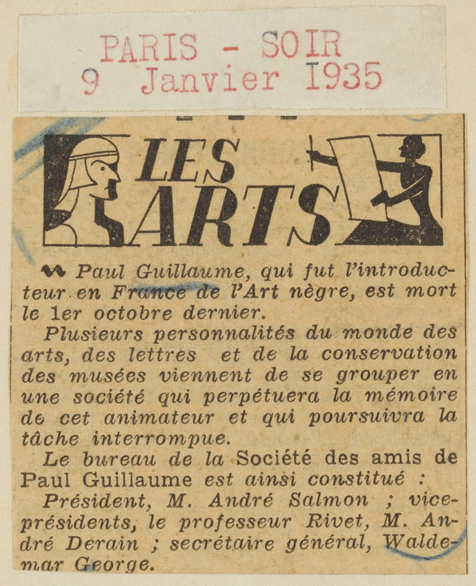 Anonyme - Les Arts : Paul Guillaume qui fut l'introducteur en France de l'Art nè...