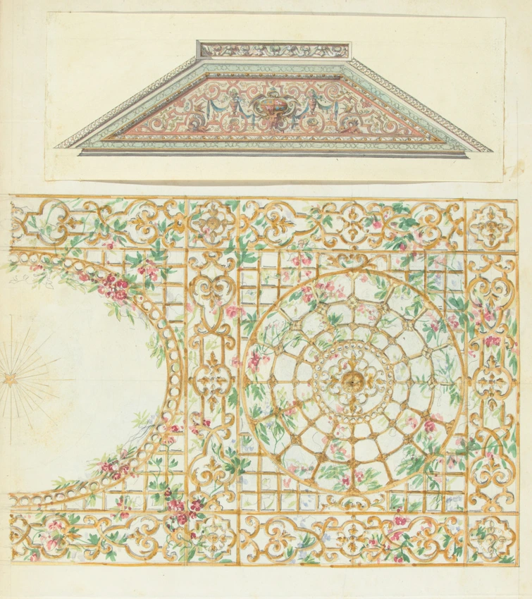 Décorations de plafonds : treillis et fleurs, fragment de plafond contenant en son milieu un blason armorié - Anonyme