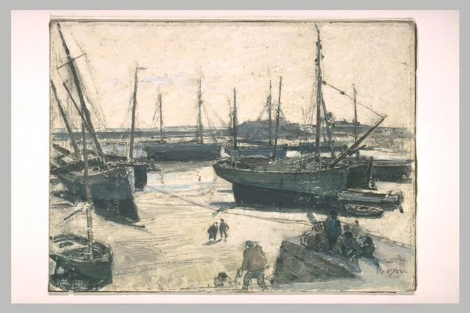 Auguste Lepère - Navires de pêche échoués sur la grève, avec plusieurs marins su...
