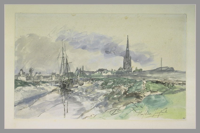Johan Barthold Jongkind - Vue du port d'Harfleur à marée basse, avec le clocher ...