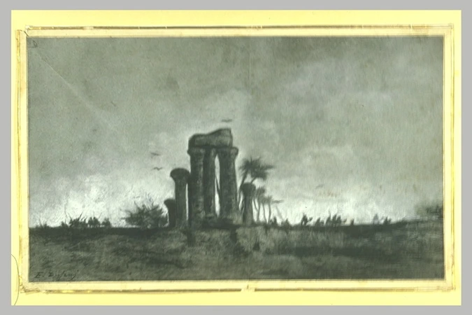 Edouard Dufeu - Paysage d'Egypte avec un temple en ruines