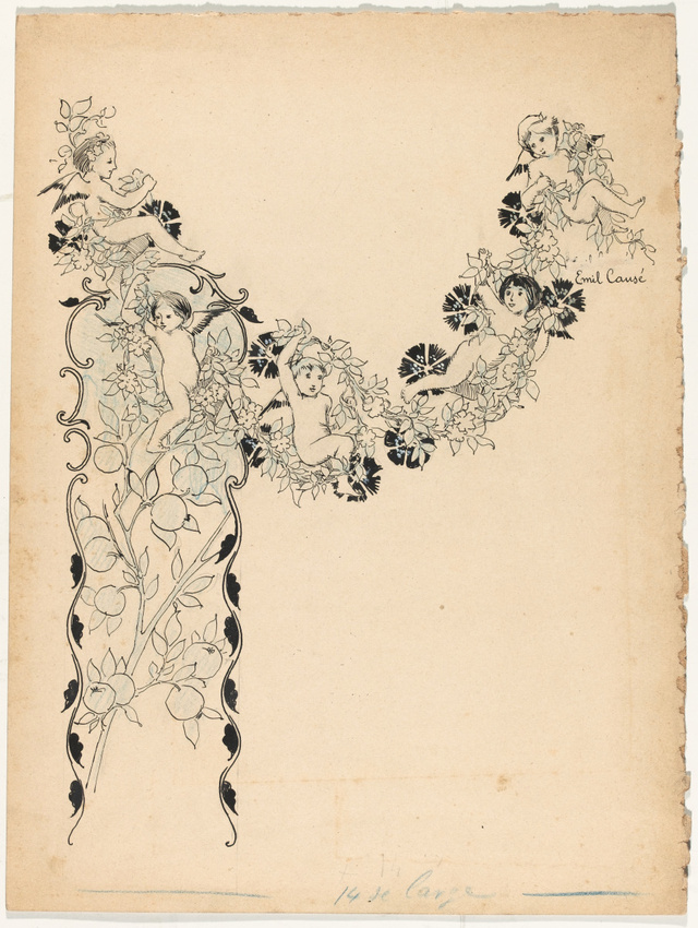 Emile Causé - En-tête à décor de cinq amours ailés dans une guirlande fleurie