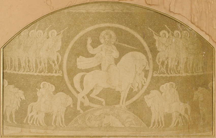Photographie d'un carton ou d'une étude pour le décor de l'abside du Catholicon: les armées célestes - Anonyme