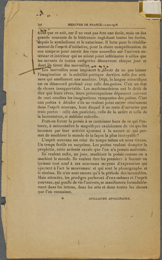 Guillaume Apollinaire - Mercure de France - I-XII-1918. p. 385 à 396, L'Esprit n...