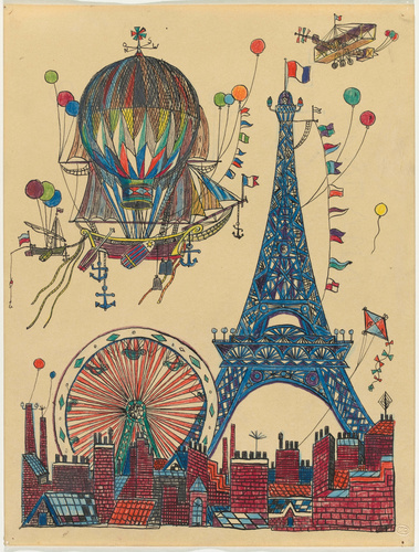 Anonyme - Tour Eiffel, grande roue, montgolfière, aéroplane au-dessus de toits e...