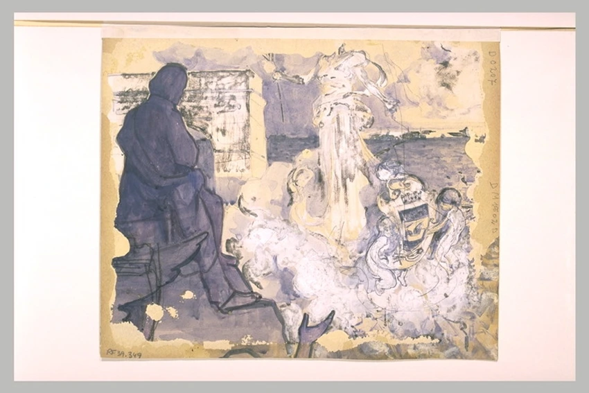 André Devambez - Croquis d'un génie féminin et d'une statue d'homme près de l'Ar...