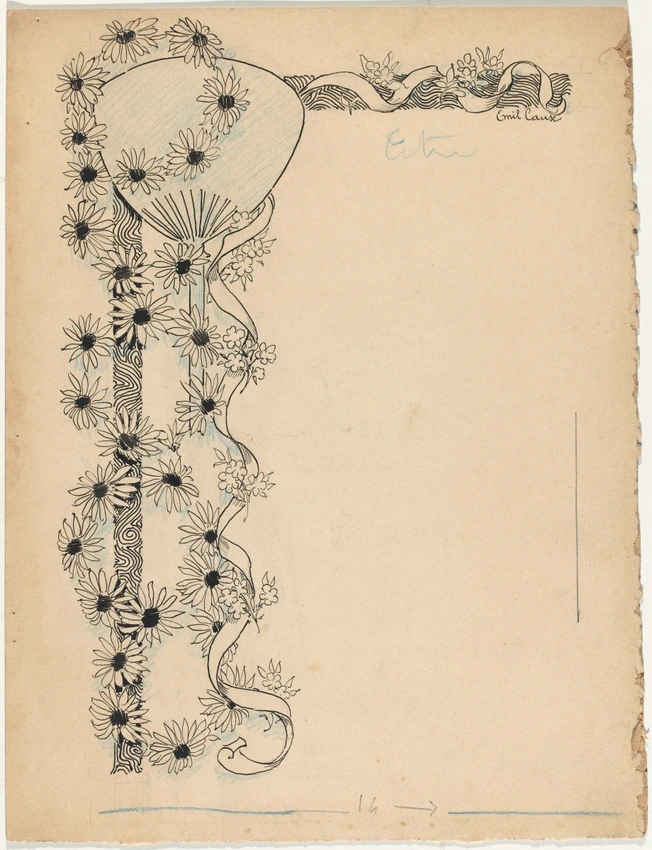 Encadrement de page, vagues stylisées, fleurs, éventail, ruban - Emile Causé