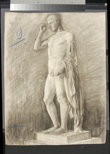 Roland Martin - Dessin de statue de nu masculin à l'antique, en pied, portant un...