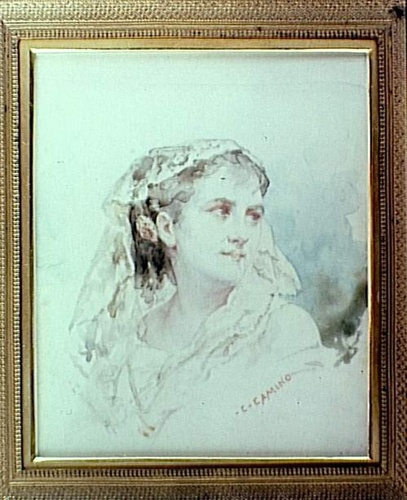 Portrait de jeune femme blonde, en buste, la tête couverte d'une mantille