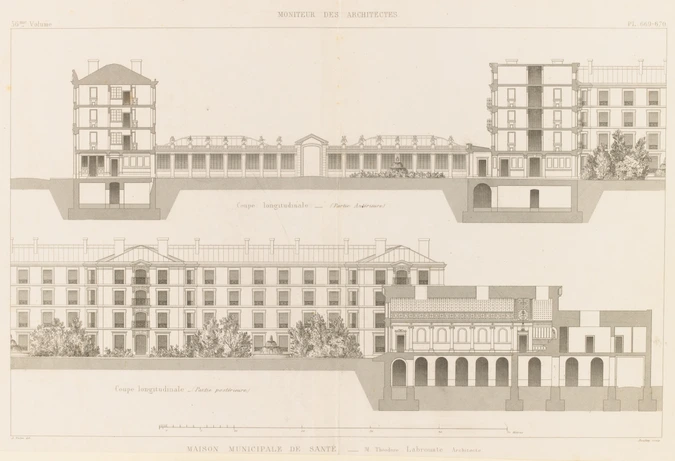 Maison municipale de santé - M. Théodore Labrouste, Architecte, coupe longitudinale partie antérieure (en haut), coupe longitudinale partie postérieure (en bas) - Boullay