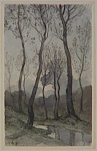Henri Harpignies - Ruisseau bordé de grands arbres au crépuscule