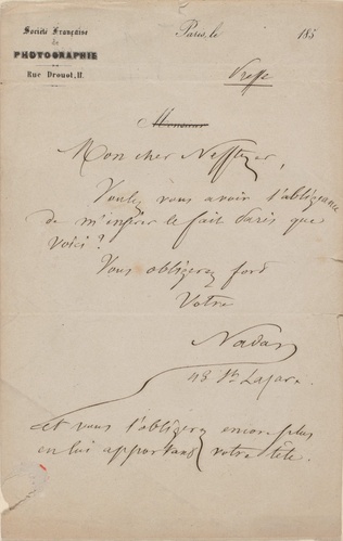 Nadar - Lettre manuscrite de Nadar, papier à l'en-tête de la Société Française d...