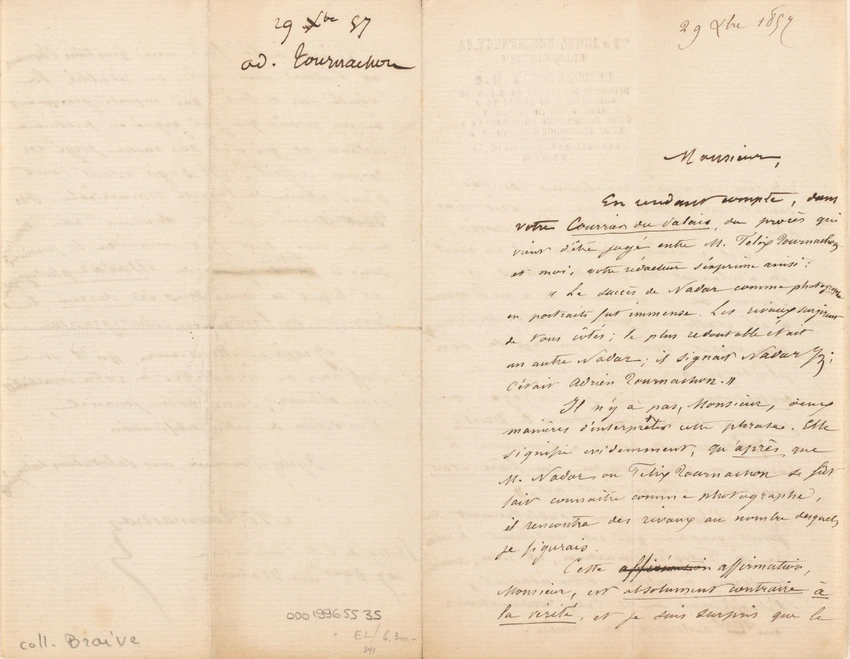 Lettre d'Adrien Tournachon au directeur du Courrier du Palais, concernant le compte-rendu du procès qui l'a opposé à son frère - Adrien Tournachon