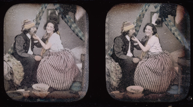 Anonyme - Un homme et une femme jouant à la "barbichette"
