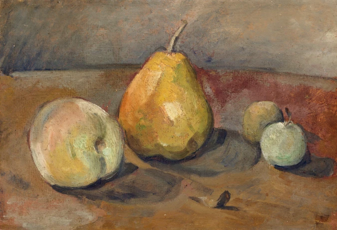 Paul Cézanne - Nature morte, poire et pommes vertes}