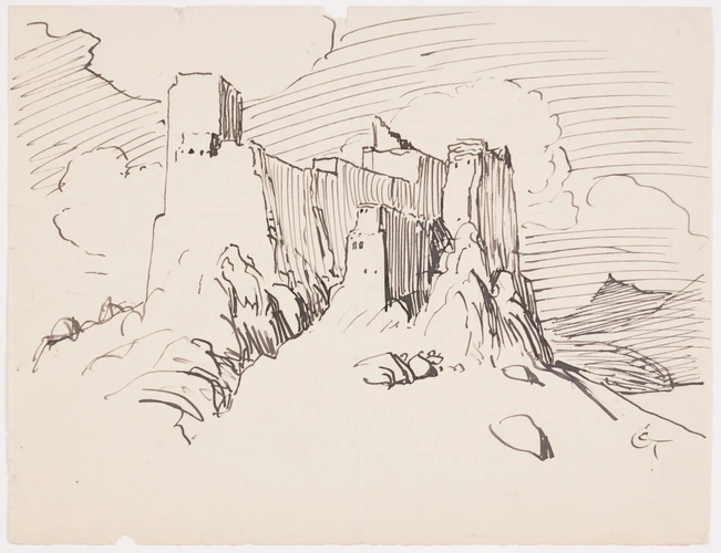 Eugène Grasset - Paysage de montagne avec ville sur des rochers