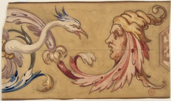 Motif décoratif : tête d'homme et tête d'oiseau dans un entrelacs de feuilles - Eugène Viollet-le-Duc