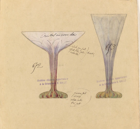 Emile Gallé - Modèles d'une coupe et d'une flûte en cristal à décor de pontederi...
