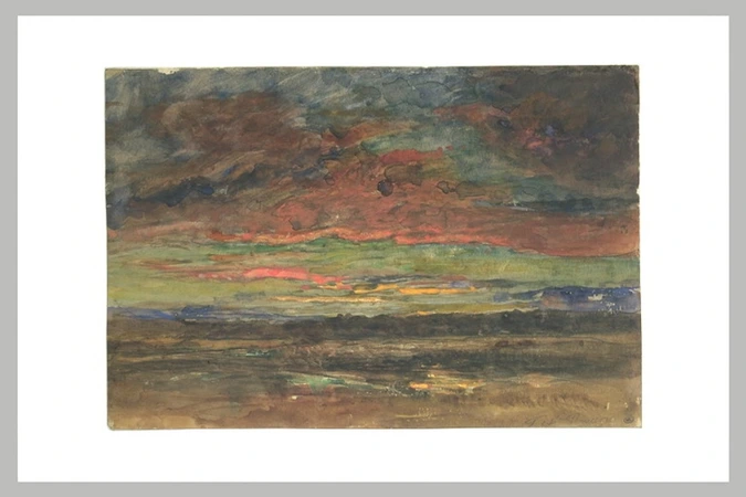 François Auguste Ravier - Paysage : Vue de l'étang de l'Aleva au soleil couchant