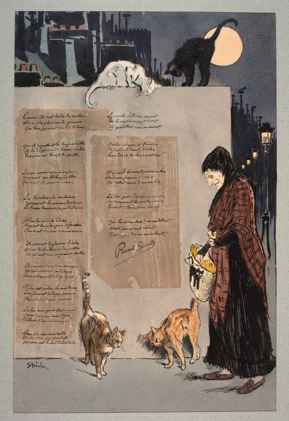 Théophile Alexandre Steinlen - Femme âgée regardant des chats dans une rue la nu...