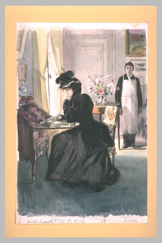 Pierre-Georges Jeanniot - Dans un salon, femme assise, écrivant sur la tablette ...