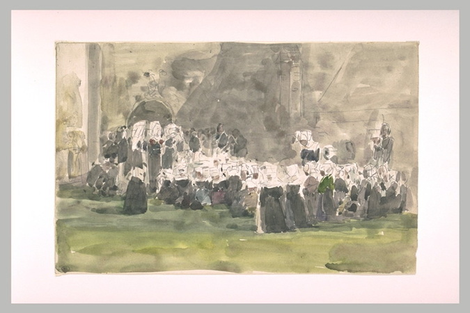 Eugène Boudin - Bretonnes agenouillées sur l'herbe devant une église