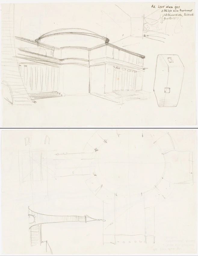 Adolf Loos - Projet pour l'église du Jubilée (et valise) au recto; plan avec col...