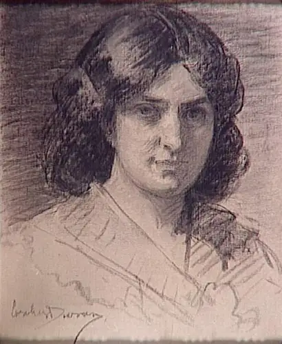 Carolus-Duran - Portrait de femme, en buste, cheveux noirs tombant sur les épaul...