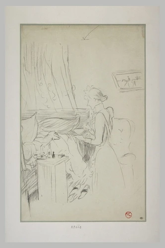 Henri de Toulouse-Lautrec - Malade est couché dans un lit, à droite une femme de...