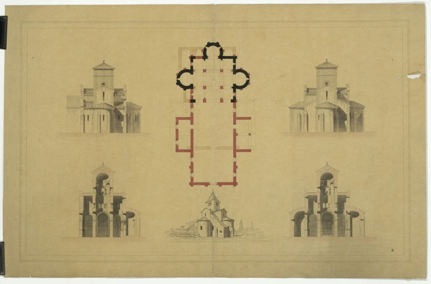 Eglise de Germiny-des-Prés, plan, coupes et élévations, vue perspective - Juste Lisch