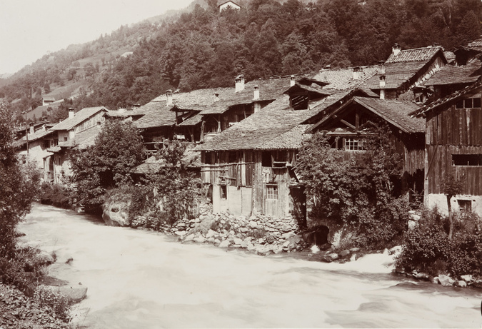 Victor de fils Buisson - Vue de torrent au ras de maisons en bois au pied d'une ...