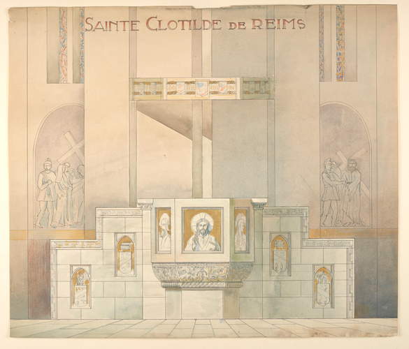 Projets d'aménagements intérieurs dans la Basilique Sainte-Clotilde de Reims, une chaire, élévation - Pol Gosset