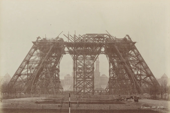 Les Quatre Piliers de la Tour Eiffel et le commencement de la 1ère plate-forme le 7 Janvier 1888. Un échaffaudage est construit au centre permettant de construire la 1ère plate-forme - Louis-Emile Durandelle