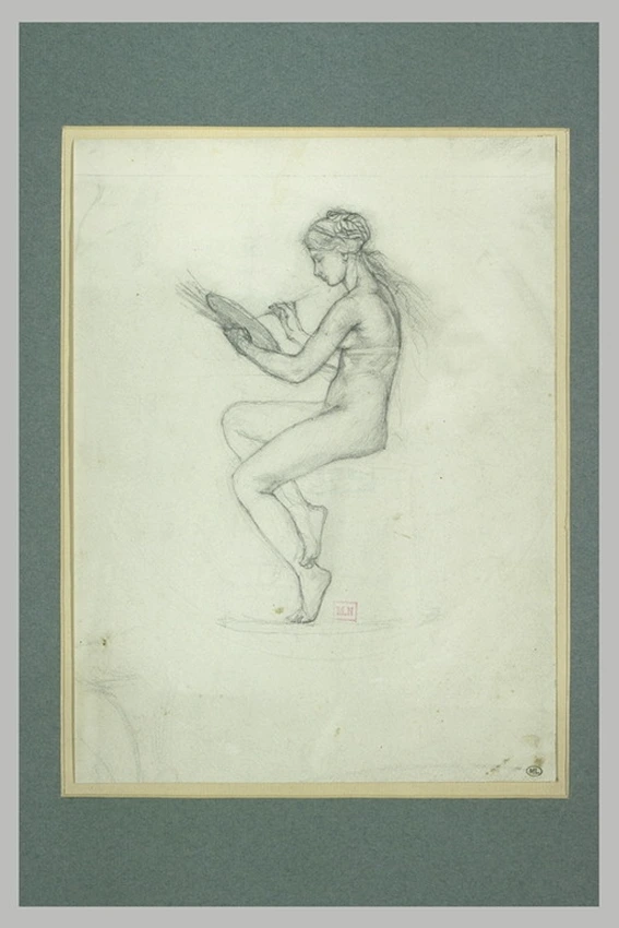 Oscar Roty - Femme nue, assise, de profil à gauche, tenant une palette