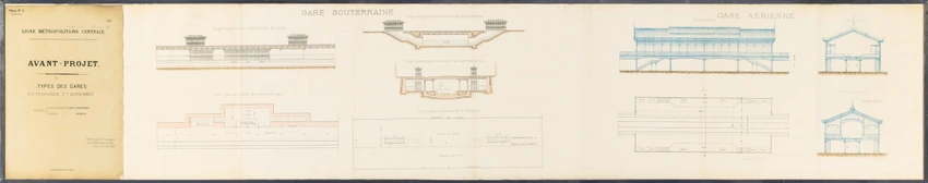 Avant-projet de ligne métropolitaine centrale présenté par la Compagnie des Etablissements Eiffel, types des gares souterraines et aériennes (deux dessins) - Gustave Eiffel