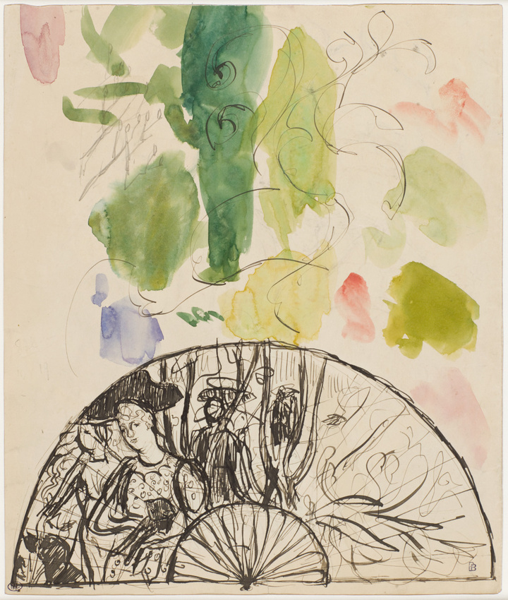 Projet d'éventail avec des personnages parmi les arbres - Pierre