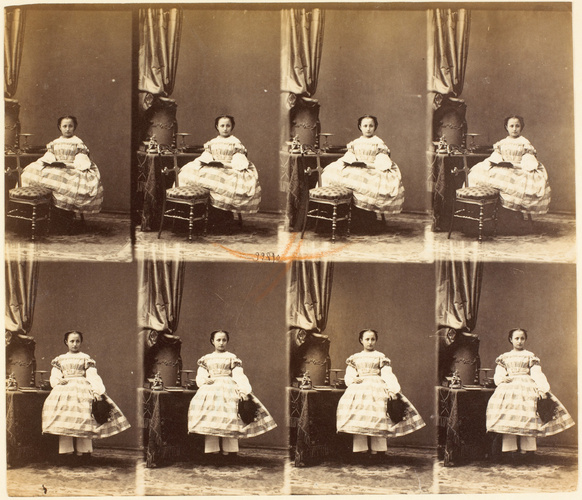 André Adolphe Eugène Disdéri - Mlle Busine en huit poses, quatre assise, quatre ...