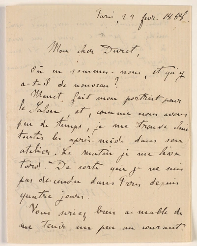 Emile Zola - 29 février 1868, Paris, à Théodore Duret