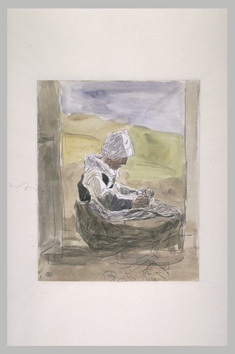 Eugène Boudin - Femme assise sur le seuil d'une porte, vue de profil à droite, c...