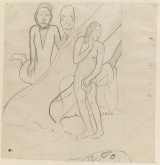 Paul Gauguin - Femme nue debout, et derrière un arbre, émerge un personnage