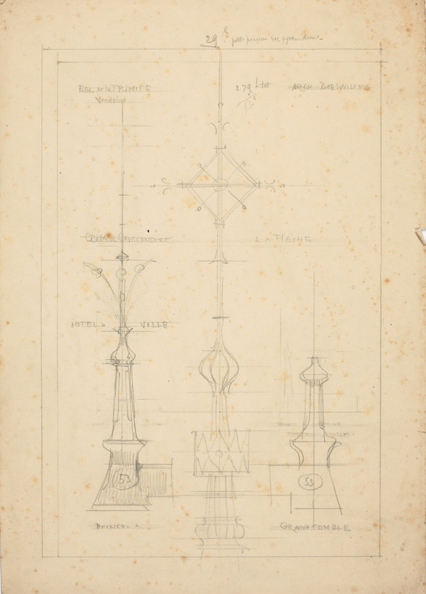 Maison Monduit - Trois croquis d'épi de faîtage dont l'un surmonté d'une flèche
