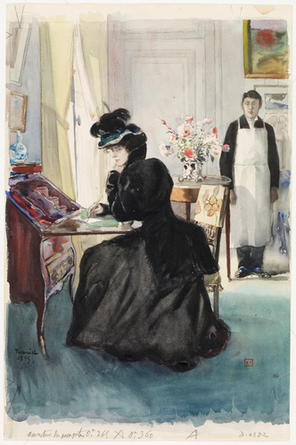 Pierre-Georges Jeanniot - Dans un salon, femme assise, écrivant sur la tablette ...